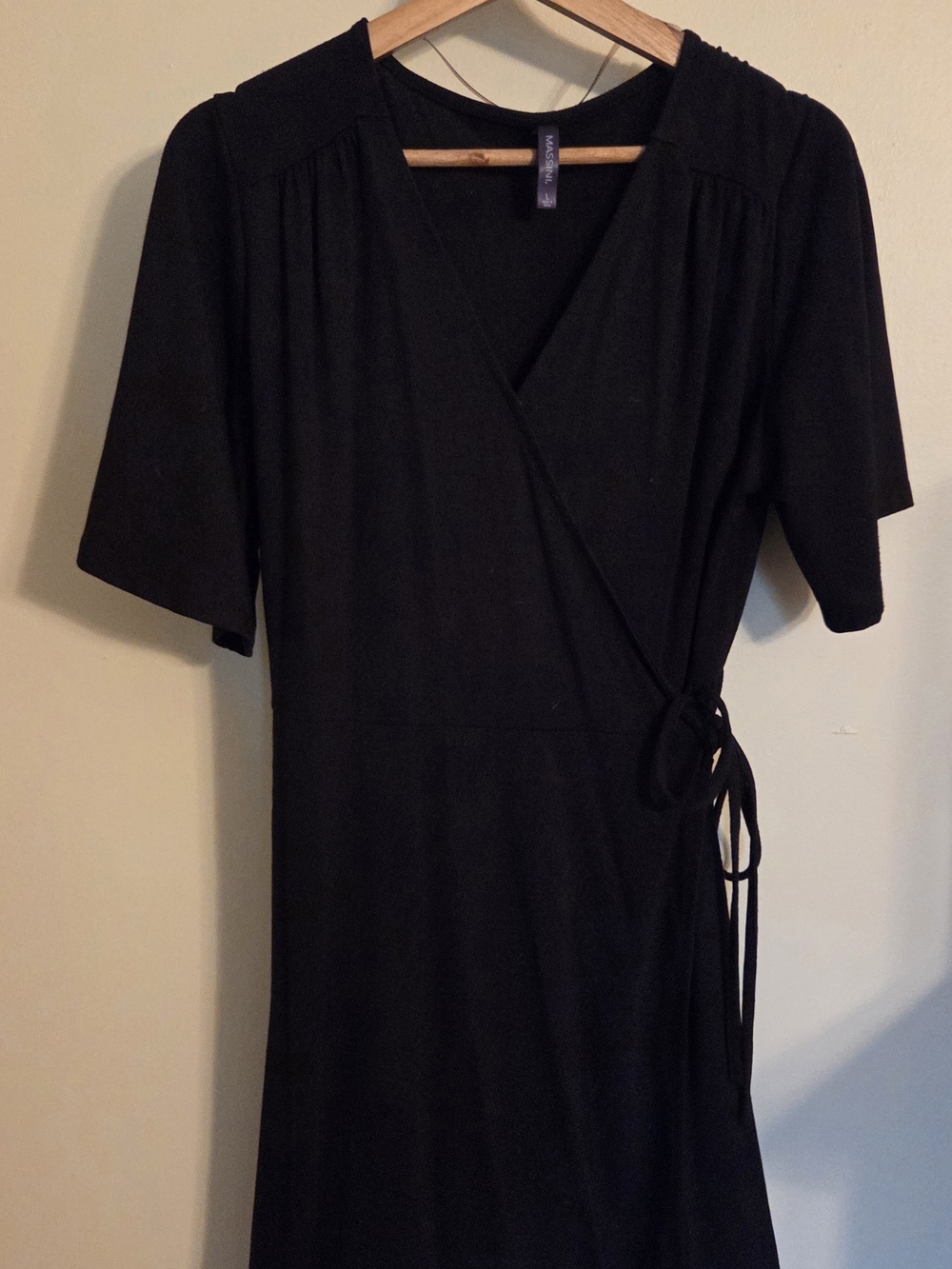 Massini Black Wrap-Style Midi Dress with Side Tie